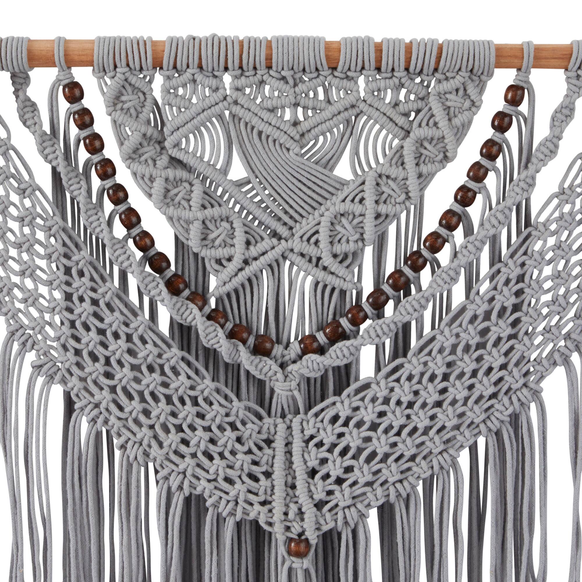 Gray Cotton Handmade Intricately Weaved Macrame Wall Decor with Beaded Fringe Tassels 36" x 1" x 46"